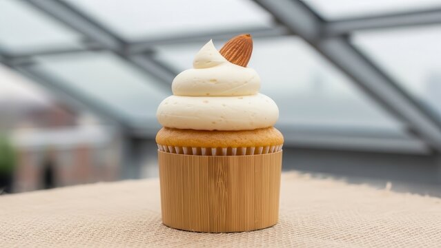 Gourmet vanilla cupcake with creamy frosting and a single almond on top, presented on a textured surface with a blurred modern glass roof background