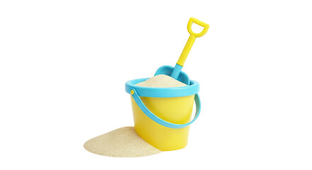 Yellow and blue sand bucket with shovel and sand pile