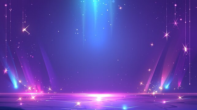 Bright purple blue stage light background with shining stars, minimal concert party show vector presentation template