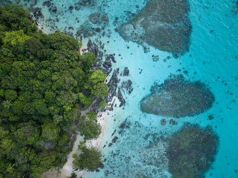 Aerial view of the lush, green vegetation of Tanjung Gelam Beach contrasting with the turquoise waters, Karimunjawa, Central Java, Indonesia.