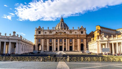 Fototapeta premium Grand basilica and colonnade under a partly cloudy sky, viewed from a cobbled square with metal fences