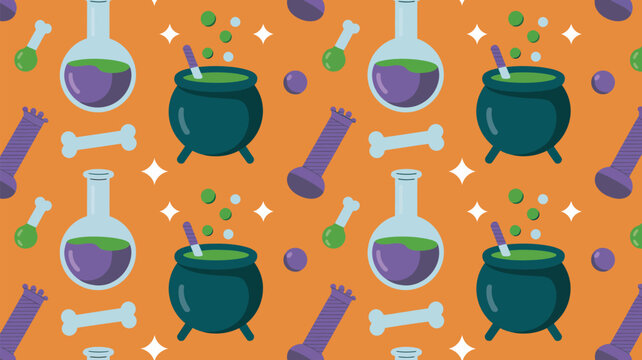 A vibrant and playful illustration of Halloween-themed objects on an orange background