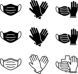 Fototapeta premium Essential Medical Protection Vector Icons: Face Masks & Safety Gloves for Health, Hygiene, and Virus Prevention – Comprehensive Flat Design Collection