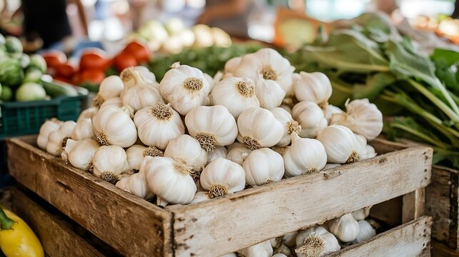 Fresh garlic bulbs stacked in a wooden crate at local outdoor farmer&rsquo;s market