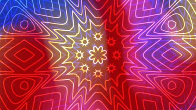 Abstract colorful kaleidoscope overlay pattern with a central starburst design. Suitable for backgrounds, textiles, print design, and vibrant themed projects.