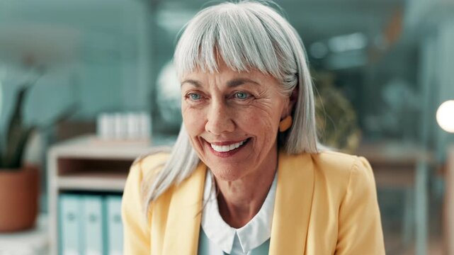 Article, journalism and smile with business woman in office for editing, news or reporting. Computer, happy and reading with mature person in creative workplace for management as executive editor
