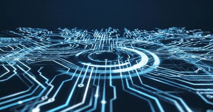 An intricate abstract digital circuit board comes alive with luminous blue lines, symbolizing a seamless flow of data and advanced technological connections. The futuristic design evokes concepts of a