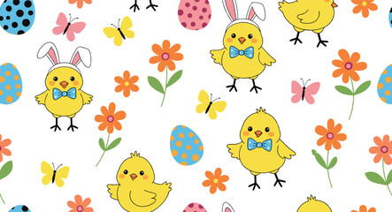 Fototapeta premium Cute Easter Seamless Pattern with Baby Chicks Bunny Ears Colorful Eggs Butterflies and Spring Flowers Cartoon Vector Background