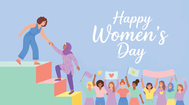 Women Helping Each Other Climb Stairs.