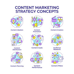 Naklejka na ściany i meble Content marketing strategy multi color concept icons. Audience research, lead generation. Icon pack. Vector images. Round shape illustrations for presentation, promotional material. Abstract idea