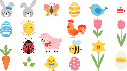 Obraz premium Cute Easter Spring Icons Collection with Bunny Chick Eggs Flowers Sun Bee and Cartoon Farm Vector Illustration Set