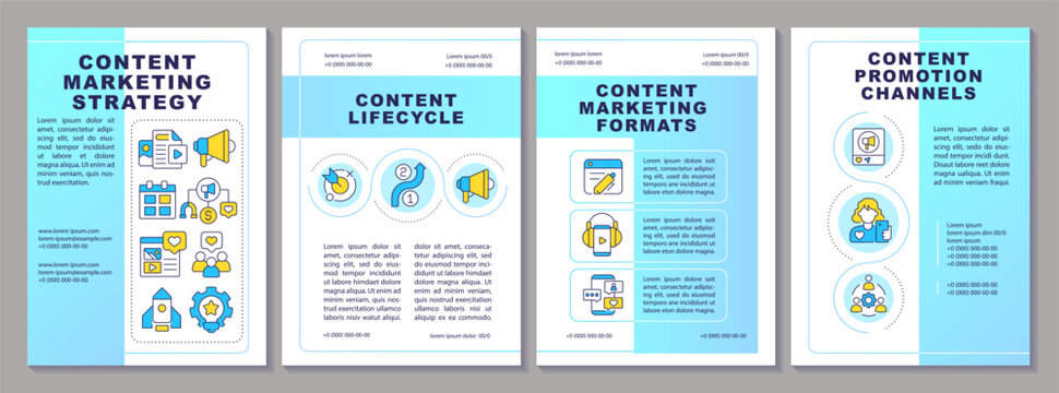 Content marketing brochure layout. Efficiency metrics, social commerce. Leaflet advertising design with color line icons. Editable 4 pages. Arial-Black, Myriad Pro-Regular fonts used