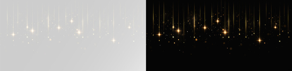 Golden magic sparkle dust with glowing light rays and bokeh particles on transparent background overlay confetti stars png © Alehandro