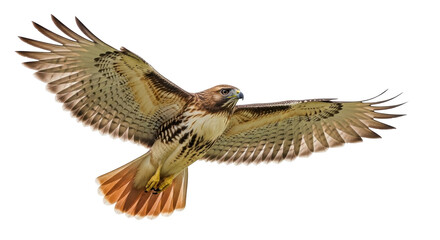Isolated Red-tailed Hawk soars with outstretched wings in flight, against clean backdrop