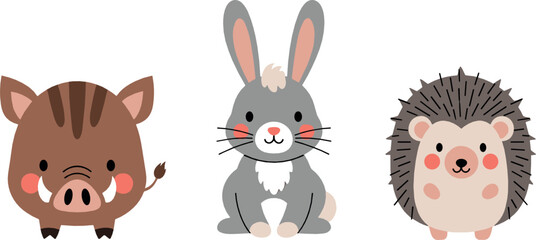 Fototapeta premium Cute Forest Animals Trio with Wild Boar, Bunny Rabbit and Hedgehog Cartoon Vector Illustration Set