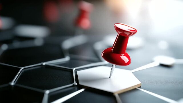 Red pin placed on white hexagon signifying milestone path in asset allocation roadmap for financial planning, strategic marker, with copy space