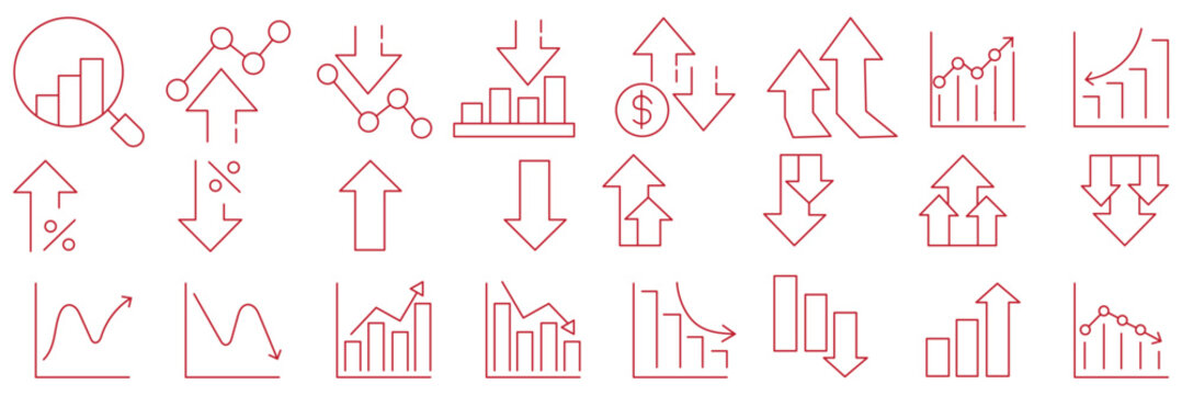 Stock market icons. Line growth and decrease icon set. Growth up and down, Profit and loss icon. Business, stock exchange, investment, analysis, percentage growth and decrease, candlestick line icon