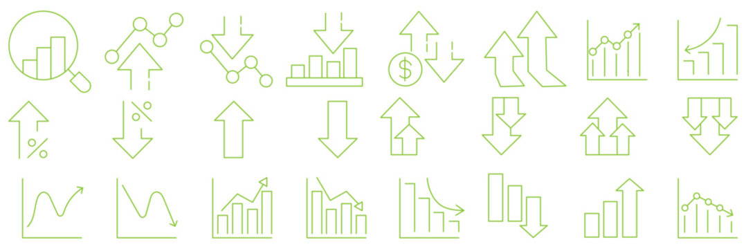 Stock market icons. Line growth and decrease icon set. Growth up and down, Profit and loss icon. Business, stock exchange, investment, analysis, percentage growth and decrease, candlestick line icon