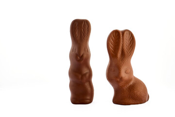 Two chocolate bunnies standing on white background for easter