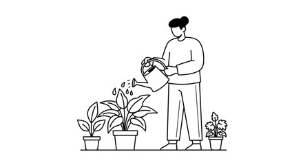 Man Watering Potted Plants with Care.