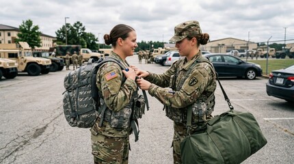 Fototapeta premium Two US Army female soldiers in uniform preparing for deployment with gear.
