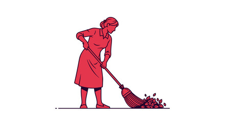 Woman Sweeping Floor with Broom and Dust.