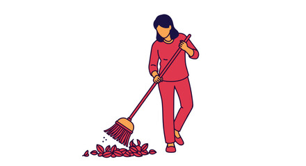 Woman Wearing Red Sweatsuit Sweeping Floor.