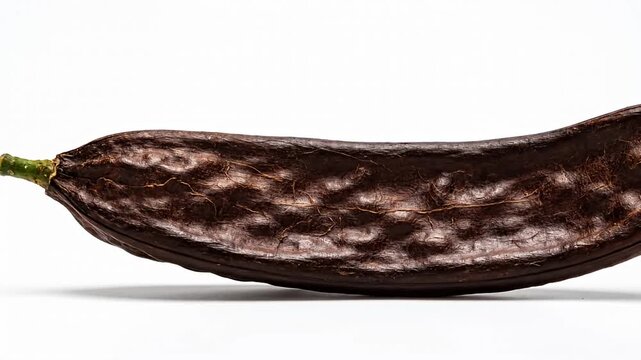 Single brown carob pod on white background studio shot