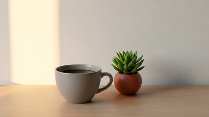 Fototapeta premium A serene cup and small potted plant on a wooden surface captured from a calm morning viewpoint.