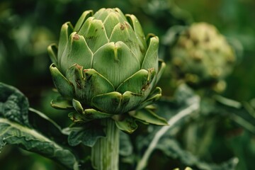 Fototapeta premium Green artichoke growing in a garden, showcasing its vibrant color and unique texture
