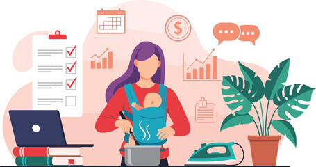 Flat vector illustration of a multitasking mother working from home while carrying a baby and cooking for family balance.