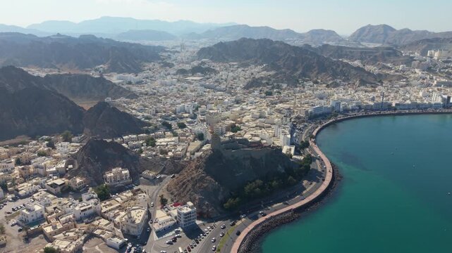 Aerial Drone View of Mutrah Corniche and Harbor, Muscat, Oman