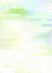 新緑風グラデーションと日本の伝統的な模様を組み合わせた和風背景イラスト