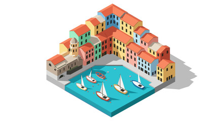Fototapeta premium Colorful isometric illustration of a Mediterranean village harbor with docked sailboats, capturing a peaceful, clean, and modern architectural vibe for travel or tourism related content.