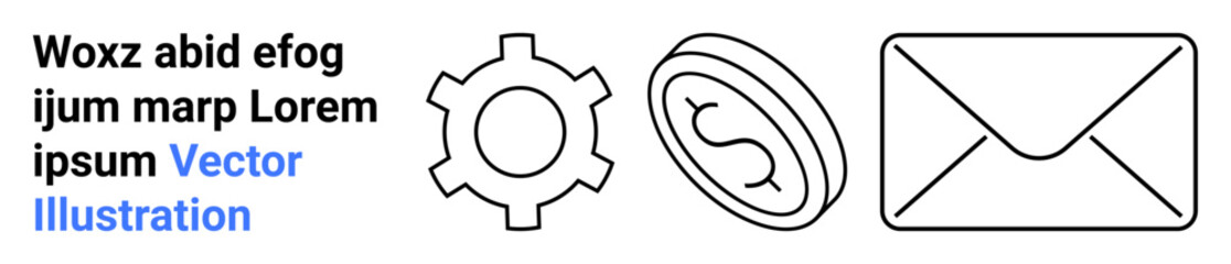 Gear, coin, and envelope outlines symbolize teamwork, wealth, and messaging tools. Ideal for business, communication, finance, productivity teamwork concepts workflow designs simple landing page