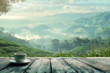 Fototapeta premium Cup of tea on a wooden table with a stunning mountain view in the background