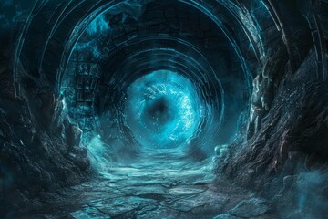 Fototapeta premium Mystical tunnel with a bright blue portal at the end