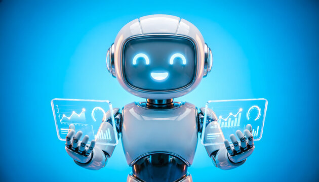 A friendly 3D AI robot holding two holographic dashboards side-by-side for a comparative data analysis.