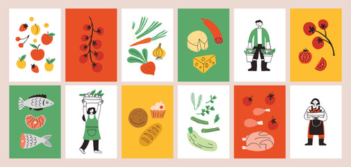 Fototapeta premium Seasonal fruits and vegetables, fish and chicken, bread, cheese posters in simple doodle style. Farmers with production. Local market, modern scribble illustration. Season harvest concept. Poster.