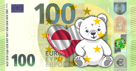 Financial toon illustration. Fictional obverse of 100 euro banknote. European Union. Cartoon cute cartoon sitting polar bear cub. Heart, welcome to Greenland. Flyer. Denomination of one hundred euros © GAlexS