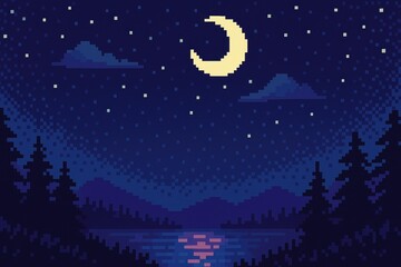 Naklejka premium Pixel art serene night landscape.