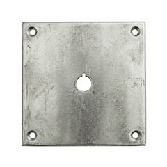 Construction plate with central hole and visible fasteners and hardware components showing metal texture and wear expressing industrial utility