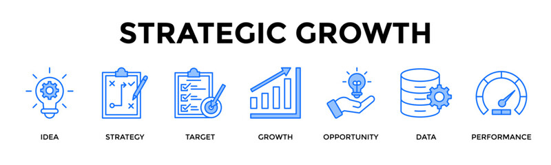Obraz premium Strategic Growth Icon Set Collection Pack Banner Web Vector Illustration Concept Containing Drive Scalable Growth Through Strategic And Measurable Execution