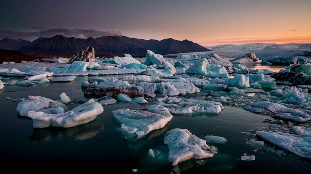 Glacial ice fragments floating in Jokulsarlon lagoon at sunset with dark mountain range in background under orange sky in winter season in iceland region