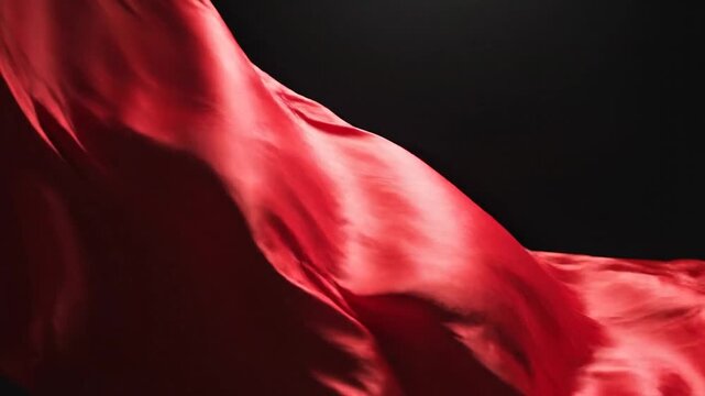 Vibrant red silk fabric gracefully flowing and waving against a dark background
