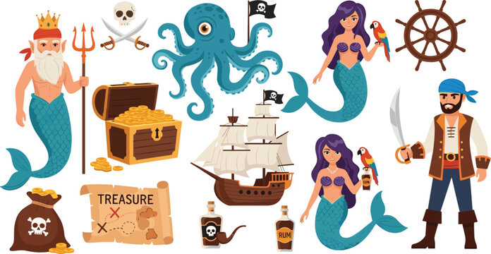 Pirate adventure vector set with mermaid, merman king, pirate captain, octopus, treasure chest, ship, and nautical fantasy elements.