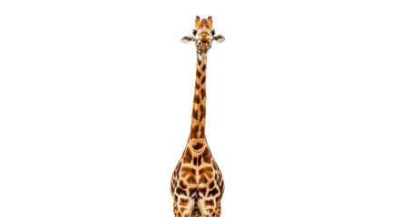 Isolated front view of giraffe standing, looking forward with long neck, wild animal © darietta