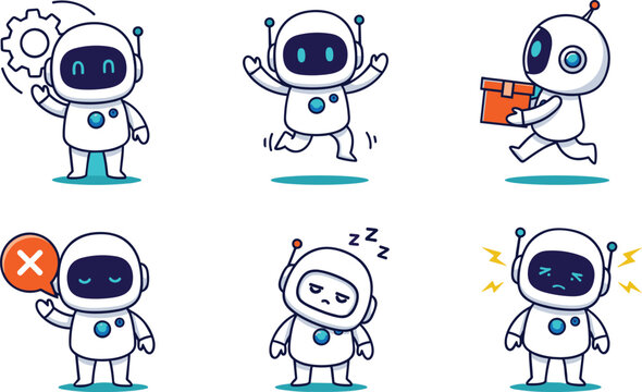Cute astronaut robot character set with various poses and emotions including happy, working, delivery, sleeping, and error message concepts.