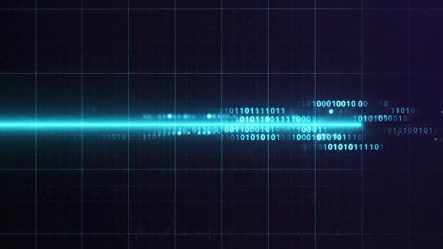 A futuristic digital graphic of a bright blue light streaking across a dark grid background with binary code, conveying a technological and innovative mood.