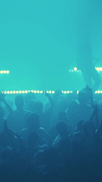 A concert of a punk rock band in a small foggy club